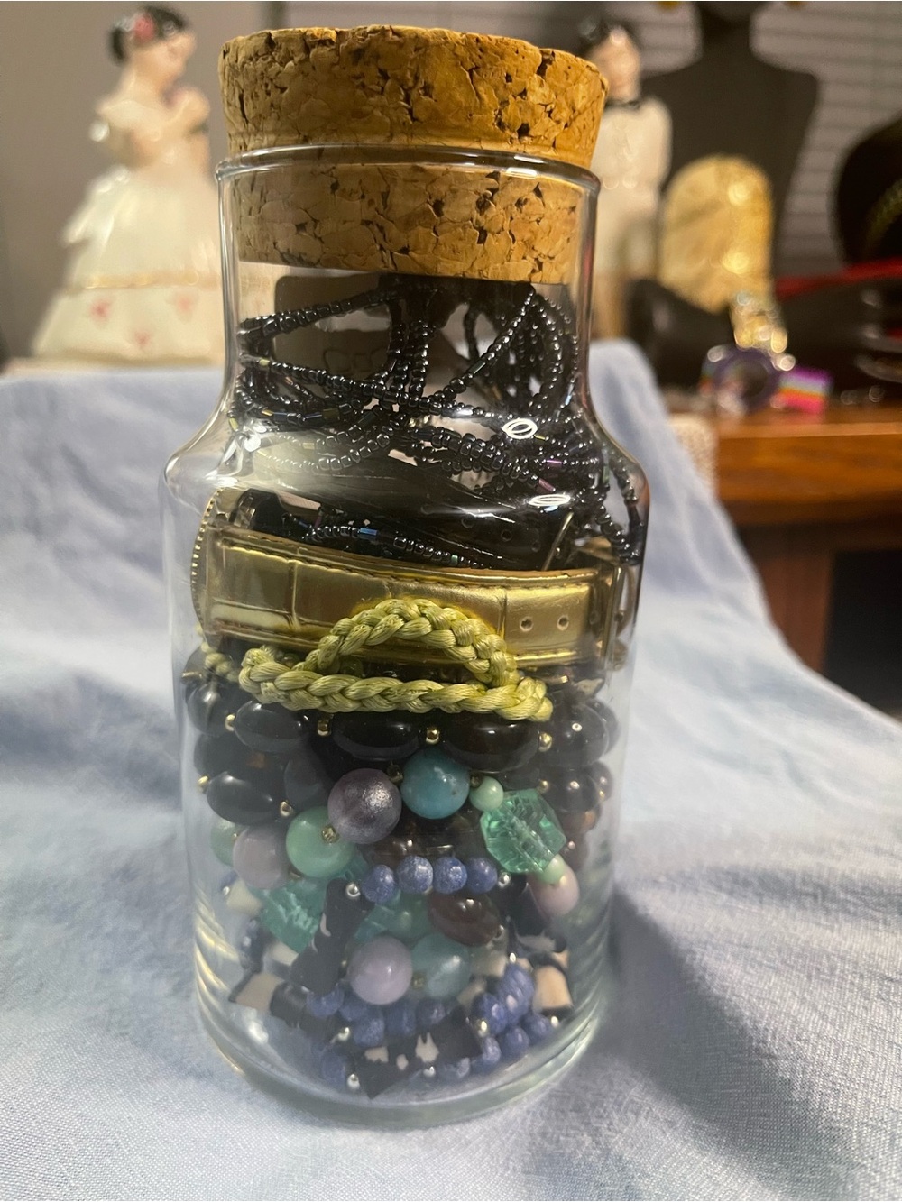 Glass Cork Jar Filled with Assorted Jewelry (Black, Gold, Green, Blue), boho